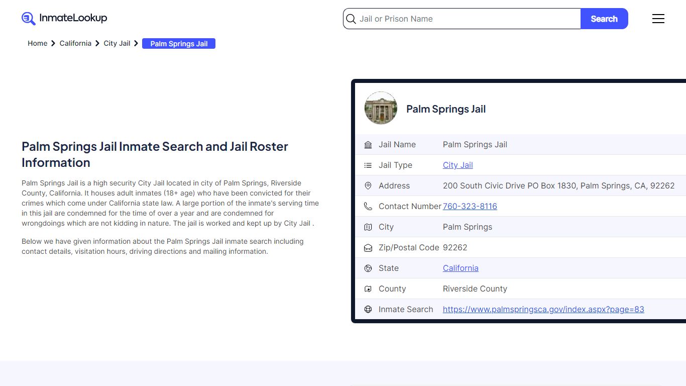 Palm Springs Jail Inmate Search and Jail Roster Information - Inmate Lookup